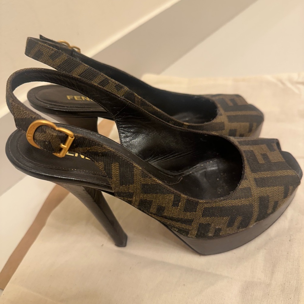 AUTHENTIC Fendi Brown and Black Slingback Heels with FF Monogram